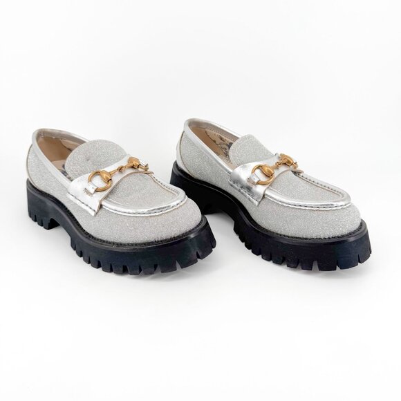 Gucci Harald Horsebit Platform Loafers EU 36.5 US 6.5 Silver Glitter Lug Sole